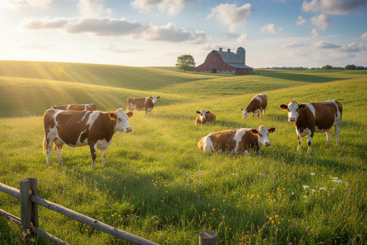 a warm farm with cows looking beautiful 
